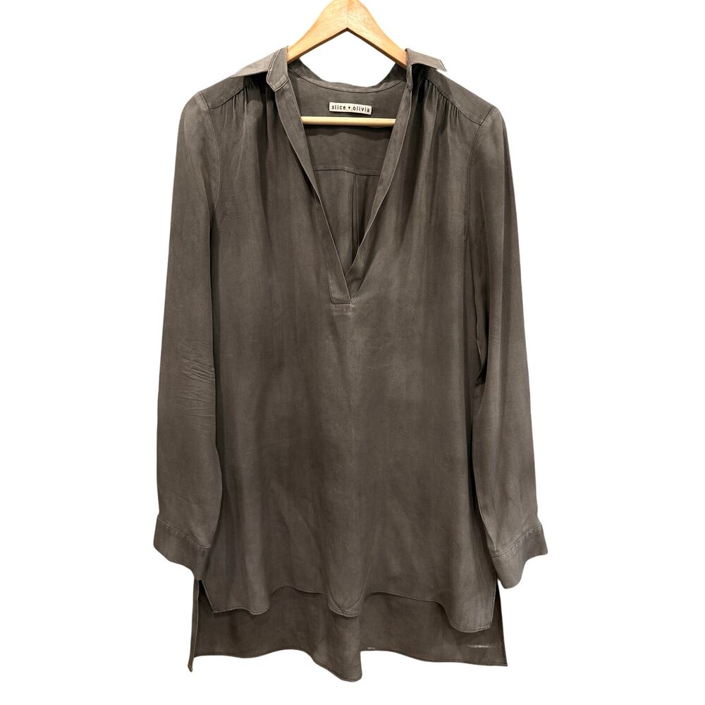 Alice + Olivia 100% Silk Olive Tunic Blouse High Low Long Sleeve Medium
